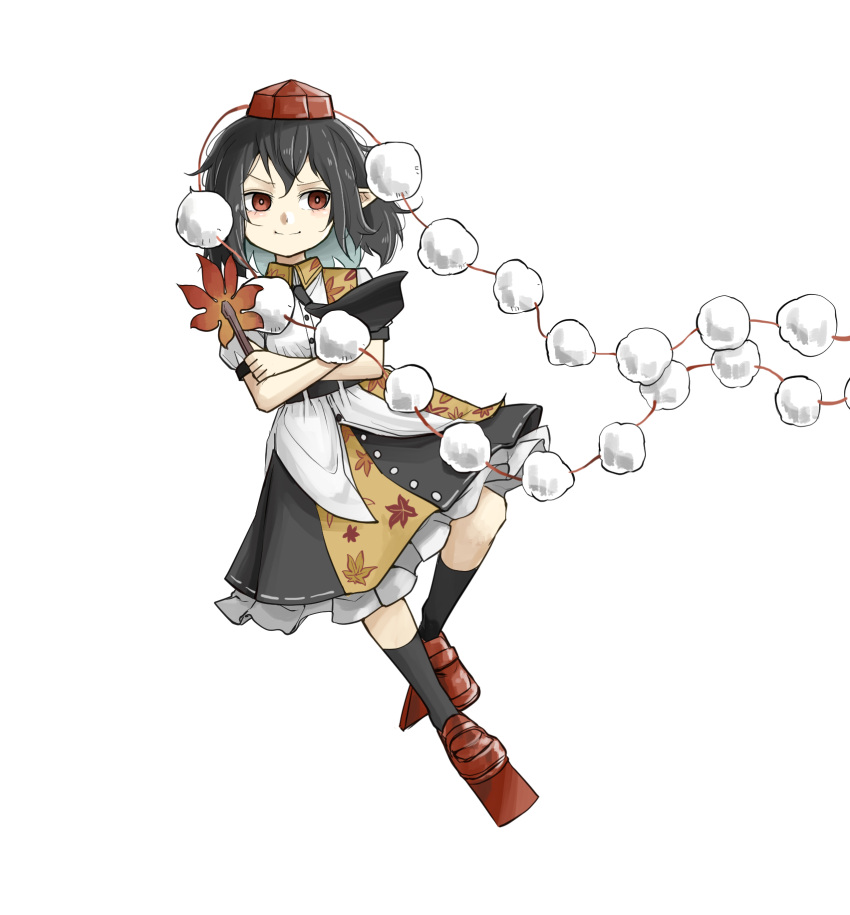 1girl black_hair black_skirt black_socks closed_mouth collared_shirt frilled_skirt frills full_body geta hair_between_eyes hand_fan hat hauchiwa highres holding holding_fan peroponesosu. pointy_ears pom_pom_(clothes) red_eyes red_footwear red_headwear shameimaru_aya shirt short_hair simple_background skirt smile socks solo tengu-geta tokin_hat touhou white_background white_shirt