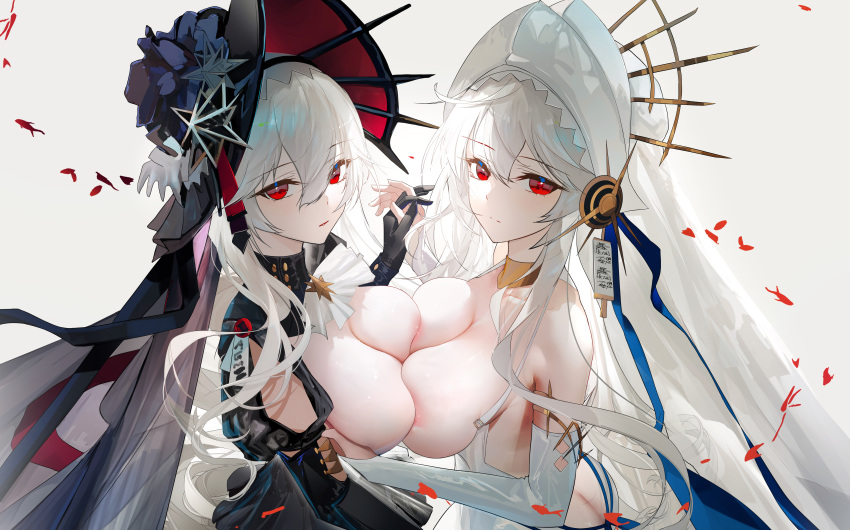 2girls absurdres areola_slip arknights ascot black_dress black_headwear breast_press breasts capelet cleavage dress gloves grey_ascot grey_capelet grey_hair habit highres large_breasts long_hair looking_at_viewer multiple_girls non-web_source nun omone_hokoma_agm red_eyes saw simple_background skadi_(arknights) specter_(arknights) very_long_hair white_dress white_headwear
