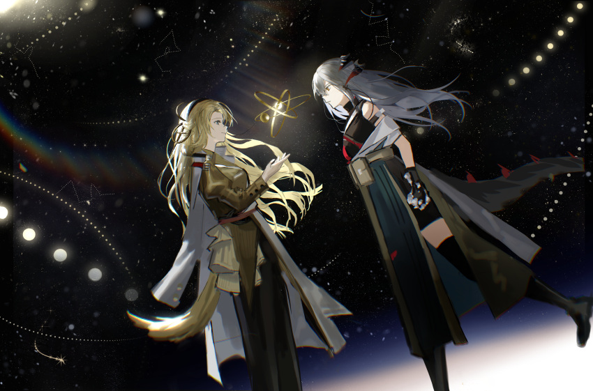 2girls absurdres animal_ears arknights black_dress black_footwear black_gloves black_pants black_thighhighs blonde_hair blue_eyes boots closed_mouth coat constellation dog_ears dog_girl dog_tail dragon_girl dragon_horns dragon_tail dress floating_hair from_side gloves grey_hair highres horns juliet_sleeves kirsten_(arknights) long_hair long_sleeves looking_at_another multiple_girls open_clothes open_coat orange_eyes originium_arts_(arknights) pants parted_lips profile puffy_sleeves qunai saria_(arknights) shirt sleeveless sleeveless_dress smile star_(sky) tail thighhighs very_long_hair white_coat yellow_shirt