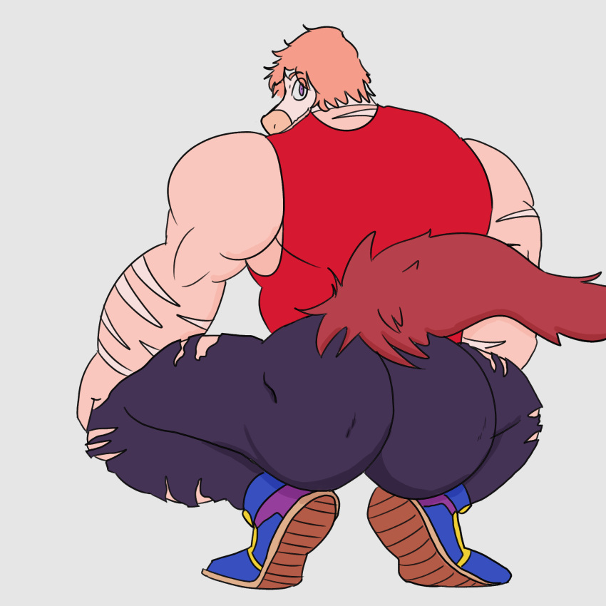 1:1 2022 abstract_background anthro athletic athletic_anthro athletic_male biceps big_butt bottomwear broly_culo bubble_butt butt clothing crouching denim denim_clothing digital_drawing_(artwork) digital_media_(artwork) dinosaur dromaeosaurid goodbye_volcano_high grey_background hair hi_res huge_butt jeans long_tail looking_at_viewer looking_back male meme multicolored_body multicolored_scales muscular muscular_anthro muscular_male orange_hair pants pink_eyes reed_(gvh) reptile scales scalie short_hair simple_background smile snoot_game_(fan_game) solo striped_body striped_scales stripes tail tan_body tan_scales tan_stripes theropod thick_thighs torn_bottomwear torn_clothing torn_jeans torn_pants two_tone_body two_tone_scales unknown_artist velociraptor wide_hips