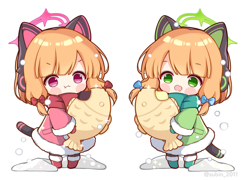 2girls animal_ear_headphones animal_ears black_thighhighs blonde_hair blue_archive blue_bow boots bow coat fake_animal_ears food full_body fur-trimmed_boots fur-trimmed_sleeves fur_trim green_coat green_eyes green_footwear green_halo green_scarf hair_bow halo headphones holding holding_food long_sleeves midori_(blue_archive) momoi_(blue_archive) multiple_girls pink_coat pink_halo red_eyes red_footwear red_scarf scarf short_hair siblings simple_background sisters subin_(subin_2011) thighhighs twintails twitter_username white_background wide_sleeves