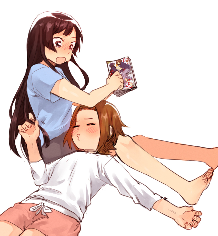 2girls akiyama_mio barefoot black_hair blue_shirt blush book brown_hair chadolbaegi hand_on_another's_leg highres hirasawa_yui holding holding_book k-on! long_hair multiple_girls nakano_azusa open_mouth pink_shorts pursed_lips shirt short_hair short_sleeves shorts simple_background sitting tainaka_ritsu white_background white_shirt