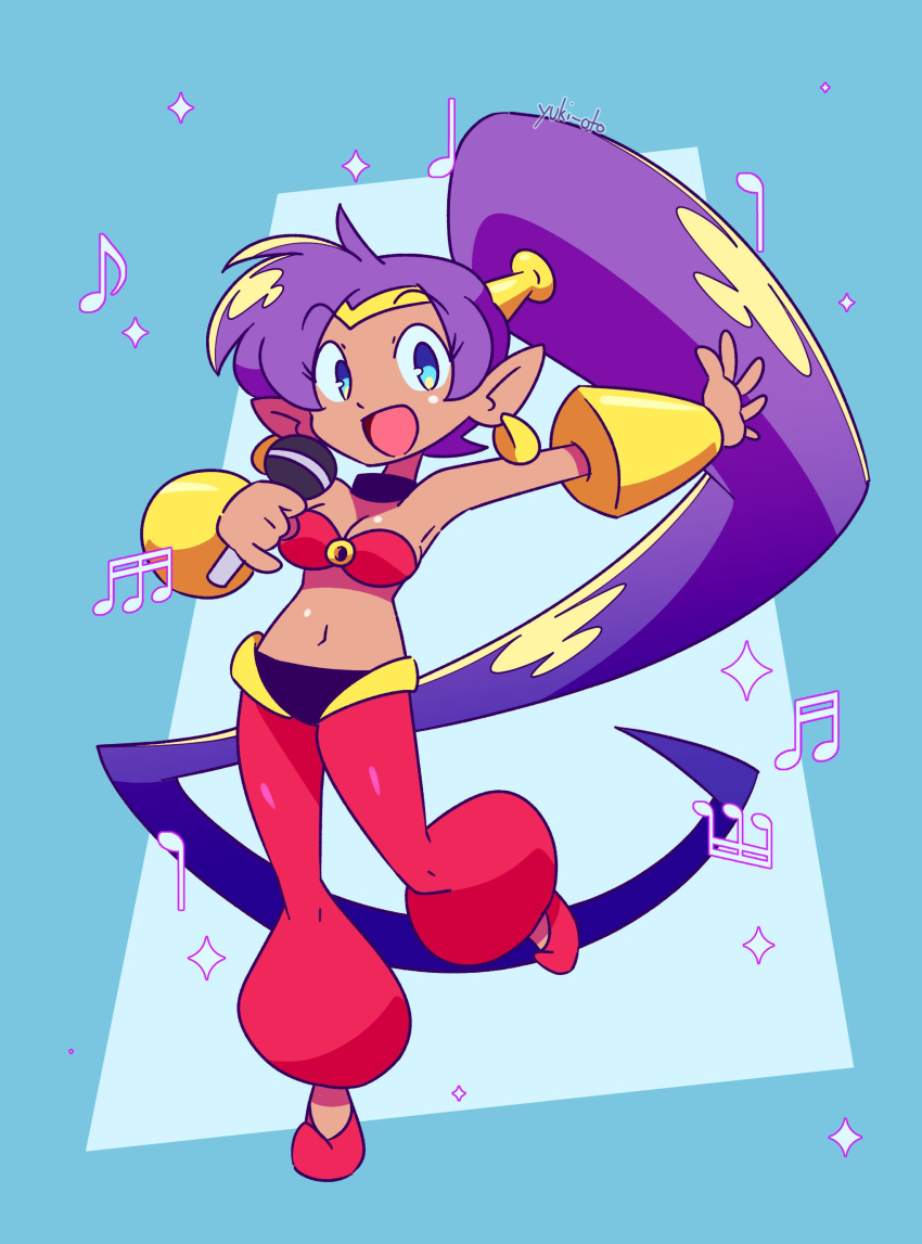 absurd_res blue_eyes breasts cleavage clothed clothing female footwear genie hair hi_res humanoid humanoid_pointy_ears long_hair looking_at_viewer microphone musical_note not_furry open_mouth open_smile ponytail purple_hair shantae shantae_(series) simple_background smile solo wayforward yuki_oto