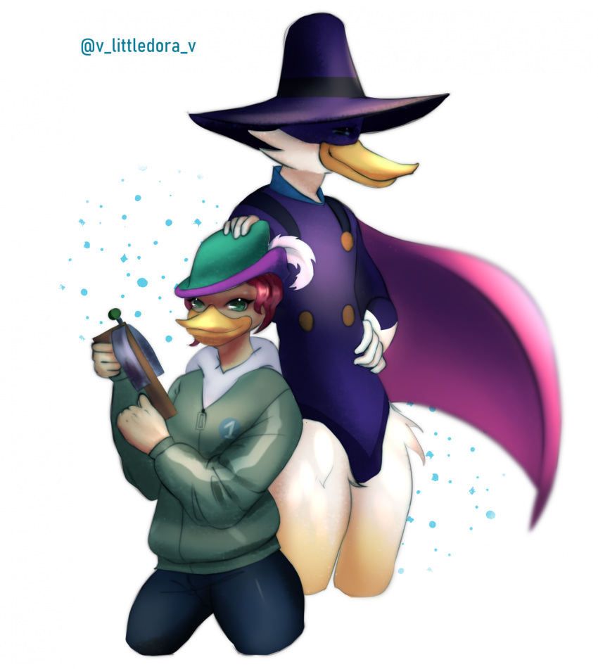 adopted_(lore) adopted_daughter_(lore) anatid anseriform anthro avian bird cape clothing crossbow crossbow_pistol darkwing_duck disney drake_mallard duck ducktales ducktales_(2017) duo female gosalyn_mallard gosalyn_waddlemeyer hat headgear headwear hi_res hoodie male mask poisonevieivy quiverwing_quack ranged_weapon superhero superhero_costume teenager topwear weapon wholesome young