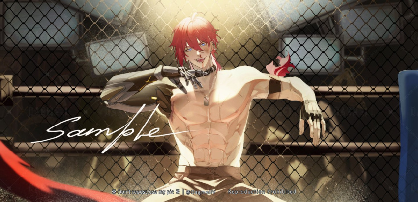 1boy abs blood blood_on_face blue_eyes boxing_ring choker dagmellv english_text fence fingerless_gloves gloves hair_between_eyes honkai:_star_rail honkai_(series) jewelry looking_at_viewer luka_(honkai:_star_rail) male_focus manspreading mechanical_arms muscular muscular_male necklace open_mouth pectorals red_hair screen short_hair single_mechanical_arm sitting solo spread_legs topless_male v-shaped_eyebrows
