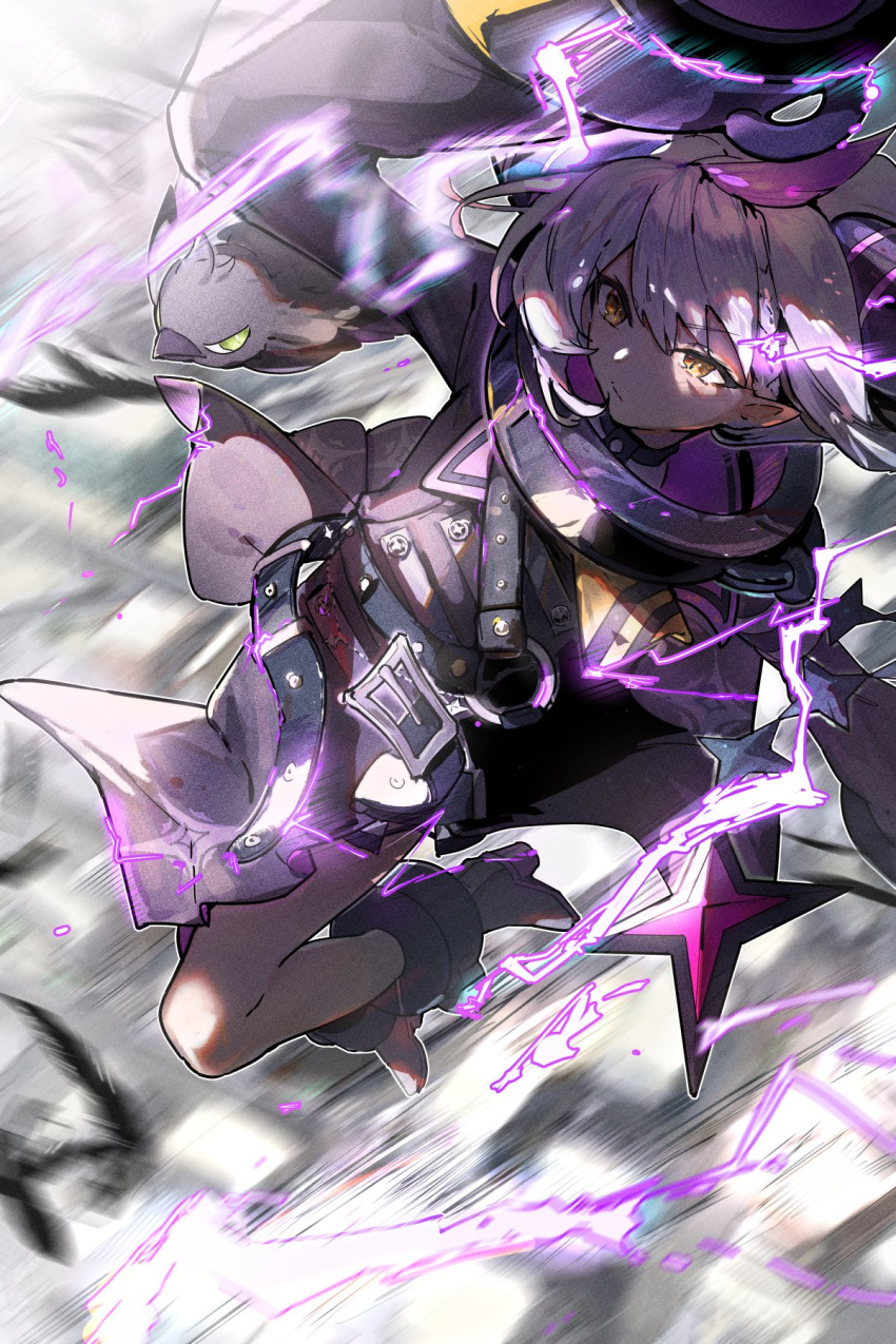 ankle_cuffs ascot belt black_horns braid braided_bangs collar crow_(la+_darknesss) electricity grey_hair hair_wings highres hinata_(hinata-ur) hololive horns la+_darknesss la+_darknesss_(1st_costume) metal_collar multicolored_hair pointy_ears purple_hair sleeves_past_fingers sleeves_past_wrists streaked_hair striped_horns virtual_youtuber yellow_ascot yellow_eyes