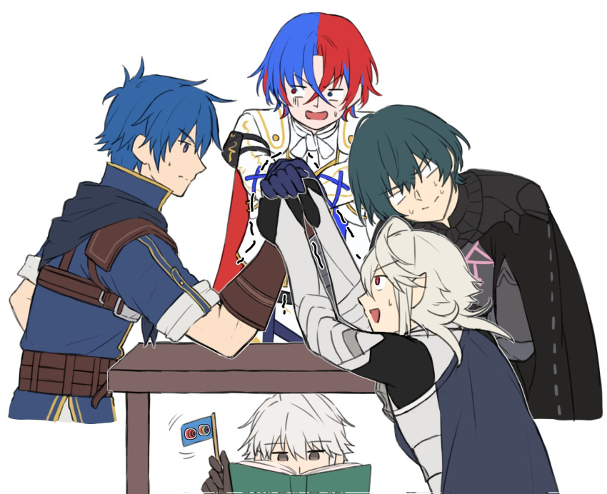 5boys alear_(fire_emblem) alear_(male)_(fire_emblem) arm_wrestling blue_hair book byleth_(fire_emblem) cape commentary_request corrin_(fire_emblem) corrin_(male)_(fire_emblem) fire_emblem fire_emblem:_mystery_of_the_emblem fire_emblem:_three_houses fire_emblem_engage fire_emblem_heroes flag gloves grey_hair hand_on_table highres holding kris_(fire_emblem) long_sleeves multicolored_hair multiple_boys open_mouth pointy_ears red_eyes red_hair robin_(fire_emblem) robin_(male)_(fire_emblem) short_hair short_sleeves simple_background struggling sweat sweatdrop table trembling white_background white_hair zuzu_(ywpd8853)