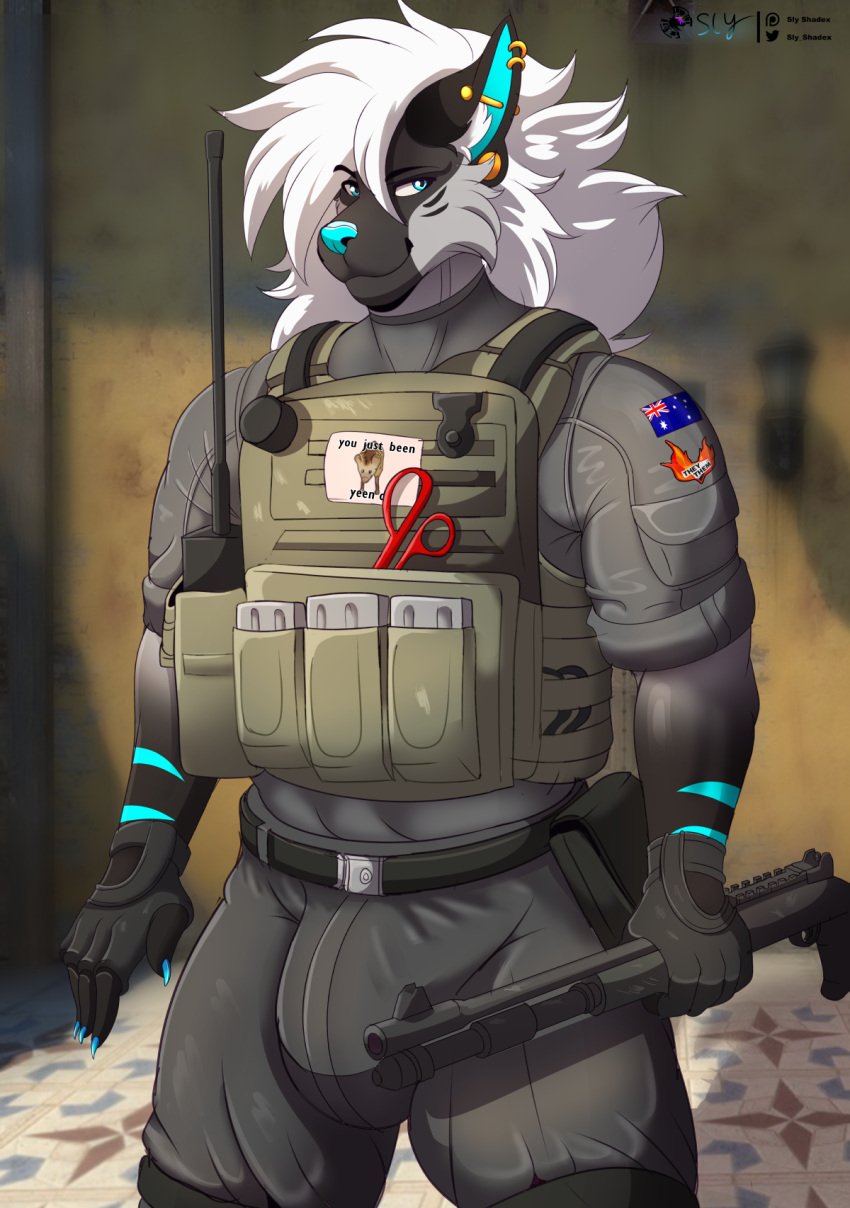 anthro australian_flag chest_rig clothed clothing counter-strike ear_piercing fur gun hair hi_res hyena long_hair looking_at_viewer male mammal muscular muscular_male patch_(fabric) piercing ranged_weapon shotgun sly_shadex solo solo_focus standing weapon