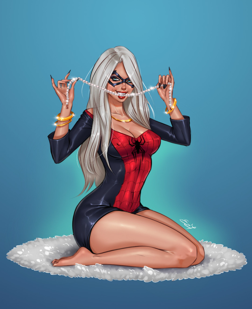 1girl biting black_cat_(marvel) black_nails blue_background blue_eyes breasts cleavage diamond_necklace domino_mask dress ezysummers felicia_hardy highres jewelry kneeling long_hair looking_at_viewer marvel mask medium_breasts necklace rug short_dress spider-man_(series) teeth white_hair