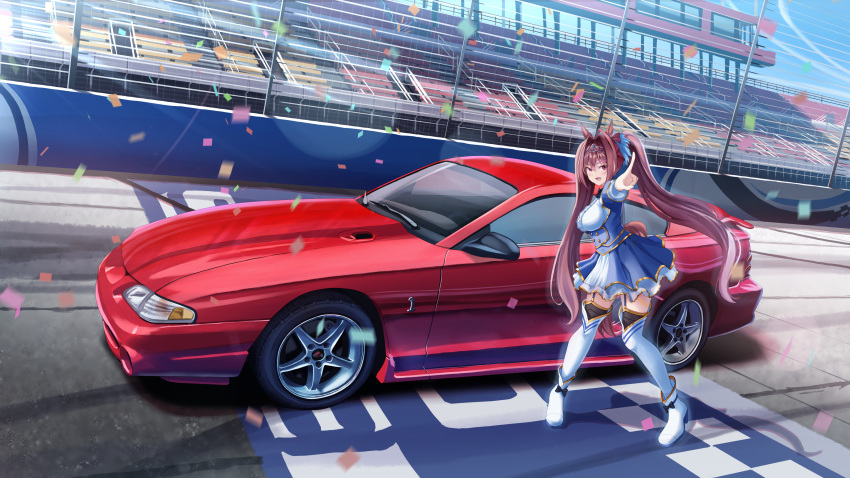 1girl absurdres animal_ears antenna_hair black_thighhighs blue_jacket blue_skirt blue_sky breasts brown_hair car center_frills commentary commission daiwa_scarlet_(umamusume) day ford_mustang framed_breasts frilled_shirt frills garter_straps hair_intakes highres horse_ears horse_girl horse_tail jacket juliet_sleeves large_breasts layered_skirt long_hair long_sleeves miniskirt motor_vehicle outdoors overskirt pleated_skirt png_pant_(bus) pointing puffy_sleeves racetrack red_eyes road shadow shirt skeb_commission skirt sky solo sports_car stadium tail thighhighs twintails umamusume vehicle_focus vehicle_request very_long_hair white_footwear white_shirt white_skirt white_thighhighs