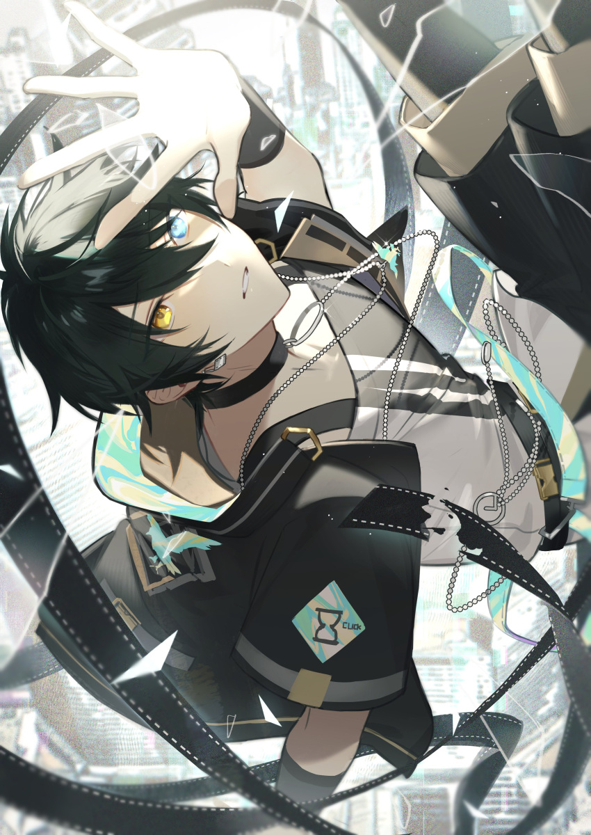 1boy absurdres aleo aqua_eyes black_choker black_hair choker commentary_request earrings ensemble_stars! film_strip glass_shards hair_between_eyes heterochromia highres hourglass jewelry kagehira_mika looking_afar male_focus necklace official_alternate_costume outstretched_arm outstretched_hand parted_lips short_hair short_sleeves solo wristband yellow_eyes