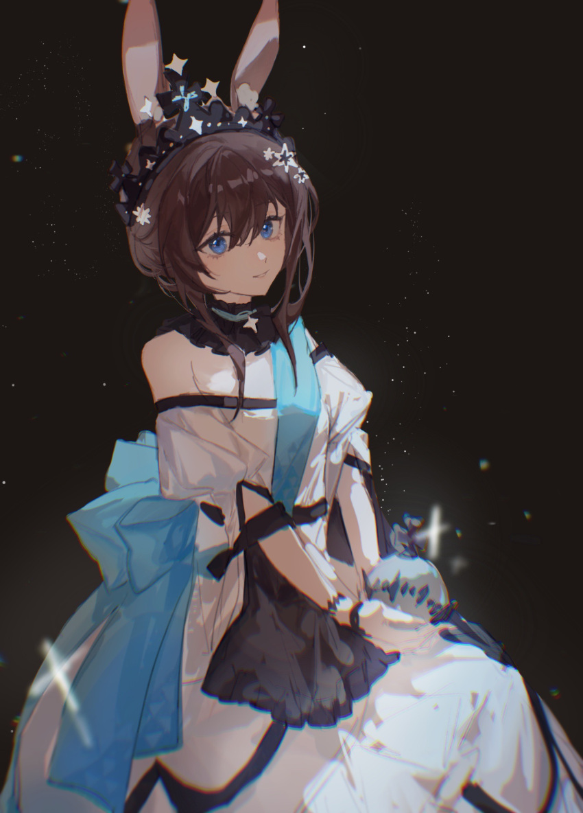 1girl ambience_synesthesia amiya_(arknights) animal_ears aqua_ribbon arknights black_background black_collar blue_eyes blush brown_hair collar cowboy_shot crown dress globus_cruciger hair_between_eyes hair_ornament highres holding jinyusuiyu long_hair looking_at_viewer official_alternate_costume parted_lips rabbit_ears rabbit_girl ribbon simple_background smile solo star_(symbol) star_hair_ornament white_dress