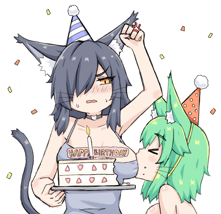 2girls animal_ears birthday birthday_cake blackteaneko-chan cake candle cat_ears cat_tail confetti eating food fruit greenteaneko greenteaneko-chan happy_birthday hat highres multiple_girls original party_hat strawberry tail