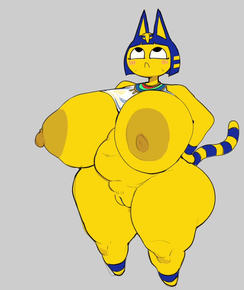 2021 alternate_version_at_source animal_crossing ankha_(animal_crossing) anthro areola belly big_areola big_breasts big_nipples biped blue_hair blush bob_cut bodily_fluids breasts cham22 clothing digital_drawing_(artwork) digital_media_(artwork) domestic_cat featureless_feet felid feline felis female full-length_portrait genitals grey_background hair hand_on_hip hi_res huge_areola huge_breasts huge_hips huge_nipples huge_thighs hyper hyper_breasts looking_away looking_up mammal markings mostly_nude navel nintendo nipples nude overweight overweight_anthro overweight_female portrait pubic_stubble puffy_nipples pussy short_stack simple_background solo standing striped_markings striped_tail stripes sweat tail tail_markings thick_thighs three-quarter_view topwear uraeus yellow_body