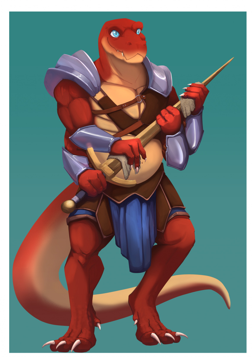 anthro armor belly bottomwear clothing crius dungeons_and_dragons hasbro hi_res knuciac loincloth male melee_weapon multi_arm multi_limb overweight reptile scalie snake solo sword weapon wizards_of_the_coast