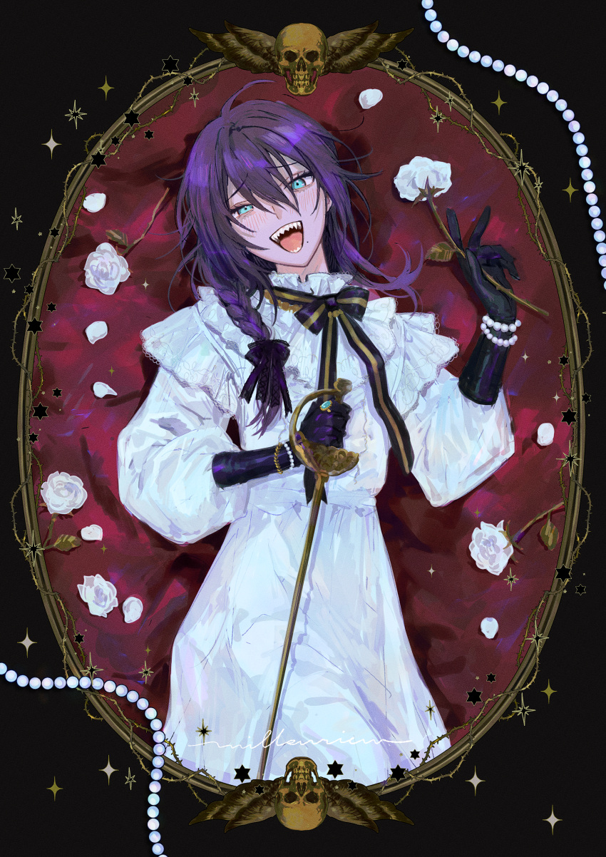 1boy absurdres aqua_eyes ayase_mayoi black_gloves braid ensemble_stars! flower gloves highres holding holding_sword holding_weapon jewelry long_hair long_sleeves looking_at_viewer lying male_focus milkuriem mole mole_under_mouth necklace on_back open_mouth pearl_necklace purple_hair rose sharp_teeth shirt smile solo sword teeth weapon white_flower white_rose white_shirt