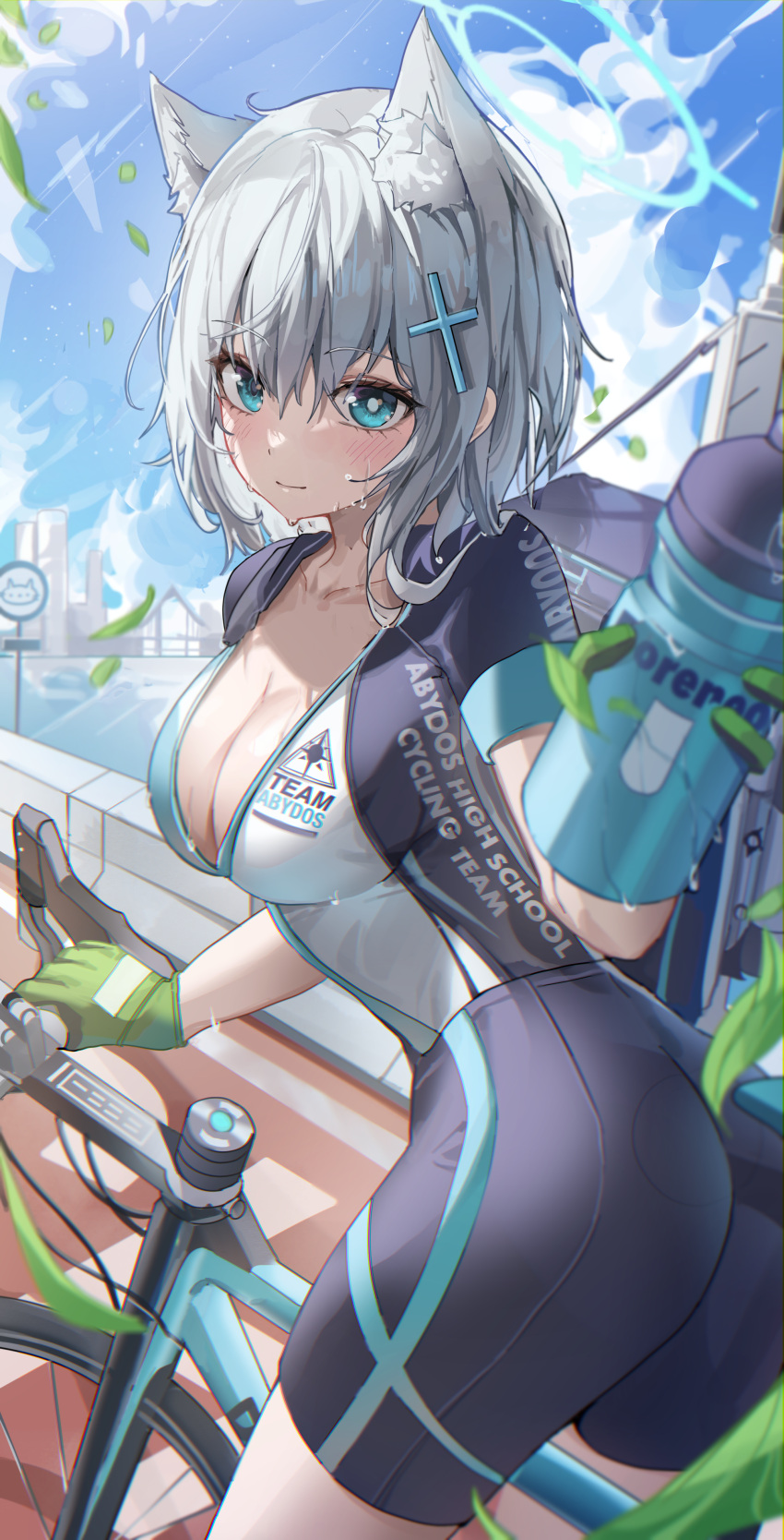 1girl absurdres animal_ears assault_rifle bag bicycle bike_shorts biker_clothes bikesuit blue_archive blue_eyes blush bodysuit bottle breasts bridge cat_ears cityscape cleavage cloud collarbone cross grey_hair ground_vehicle gun hair_ornament hairclip halo highres mungduck rifle road_sign shiroko_(blue_archive) sign sky smile solo sweat water_bottle weapon