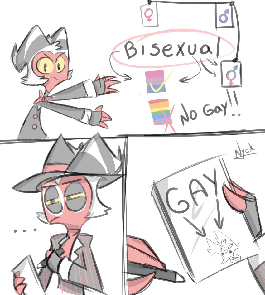 annoyed bisexual_pride_colors bow_tie button_(fastener) clothing crimson_(helluva_boss) demon derp_eyes drawing father father_and_child father_and_son female_symbol first_person_view freckles gender_symbol gloves hair handwear hat headgear headwear helluva_boss hi_res horn humanoid humor imp lgbt_pride male male_symbol mouth_closed moxxie_(helluva_boss) narrowed_eyes nyck open_mouth parent parent_and_child pattern_clothing pen pride_color_flag pride_colors rainbow_flag rainbow_pride_flag rainbow_symbol red_body simple_background sketch son spots squint striped_clothing stripes suit symbol thinking white_background white_hair yellow_eyes