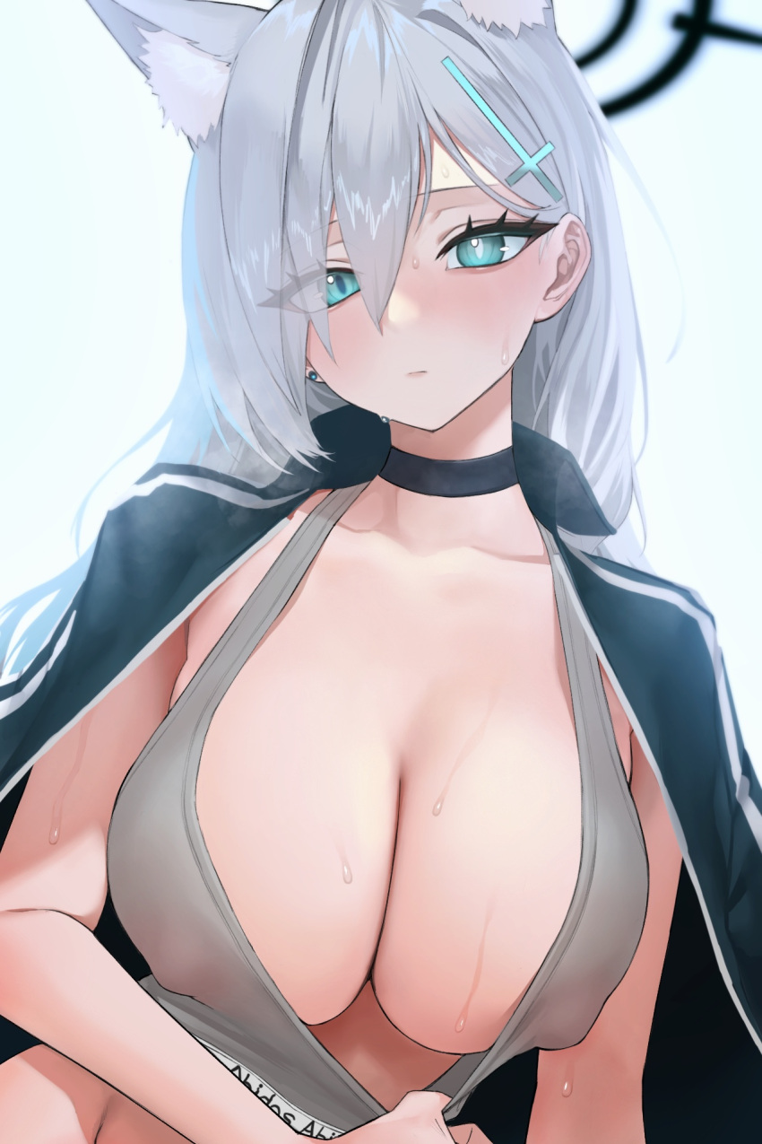 1girl animal_ear_fluff animal_ears bangs blue_archive blue_eyes blush breasts choker collarbone cross_hair_ornament ear_piercing extra_ears grey_hair hair_ornament halo highres jacket kazane-wind looking_at_viewer mismatched_pupils open_clothes open_jacket piercing shiroko_(blue_archive) solo sports_bra sweat track_jacket wet wolf_ears