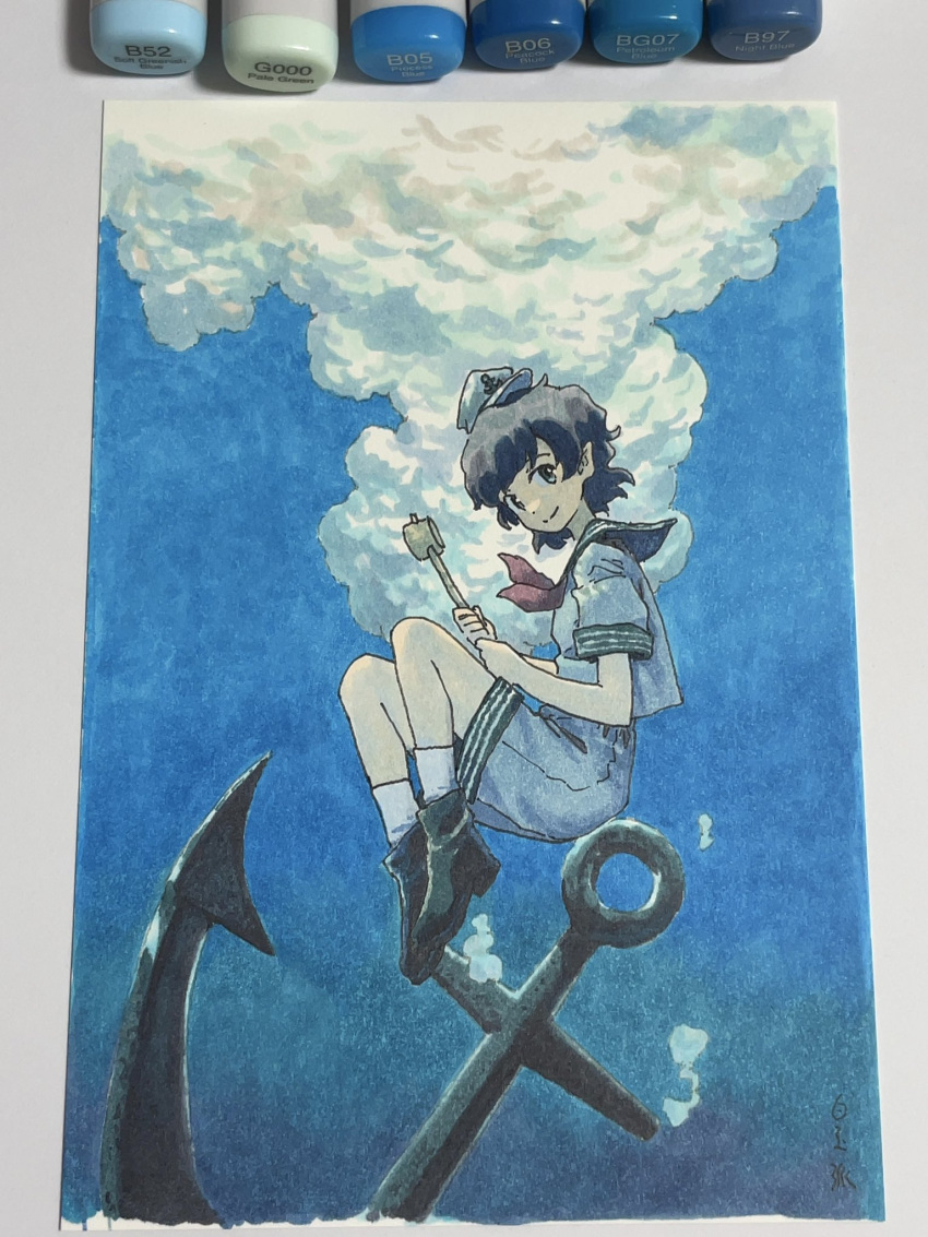 1girl air_bubble anchor anchor_symbol aqua_eyes art_tools_in_frame black_footwear black_hair boots bubble closed_mouth from_side green_sailor_collar hat highres hishaku holding knees_up looking_at_viewer marker marker_(medium) murasa_minamitsu neckerchief photo_(medium) red_neckerchief sailor_collar sailor_hat shiratama_(hockey) shirt short_hair short_sleeves shorts signature sinking smile socks solo touhou traditional_media underwater white_headwear white_shirt white_shorts white_socks