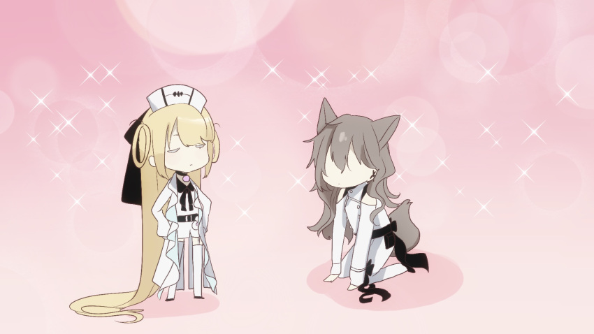1boy 1girl absurdly_long_hair anime_coloring black_choker blonde_hair brooch bubble chibi choker closed_eyes coat couple faceless faceless_male fake_screenshot full_body hat highres jewelry kneeling long_hair msa_(fary_white) nurse nurse_cap open_clothes open_coat original pants pink_background shirt shorts sparkle thighhighs very_long_hair white_coat white_headwear white_pants white_shirt white_shorts white_thighhighs