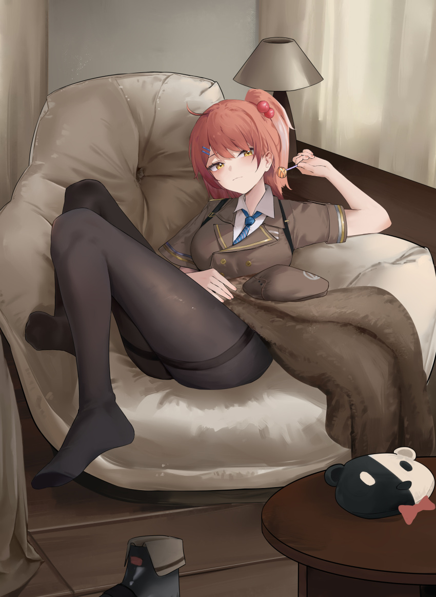 absurdres ahoge beret black_footwear blanket blue_necktie blush boots breasts brown_headwear brown_jacket candy chair chinese_commentary closed_mouth commentary_request feet food full_body girls'_frontline girls'_frontline_2:_exilium hand_up hat highres holding holding_candy holding_food holding_lollipop indoors jacket lollipop medium_breasts medium_hair mp7_(girls'_frontline) necktie on_chair pantyhose red_hair shirt short_sleeves side_ponytail sitting striped_necktie table thighs unworn_footwear unworn_headwear white_pantyhose white_shirt xiaobei yellow_eyes