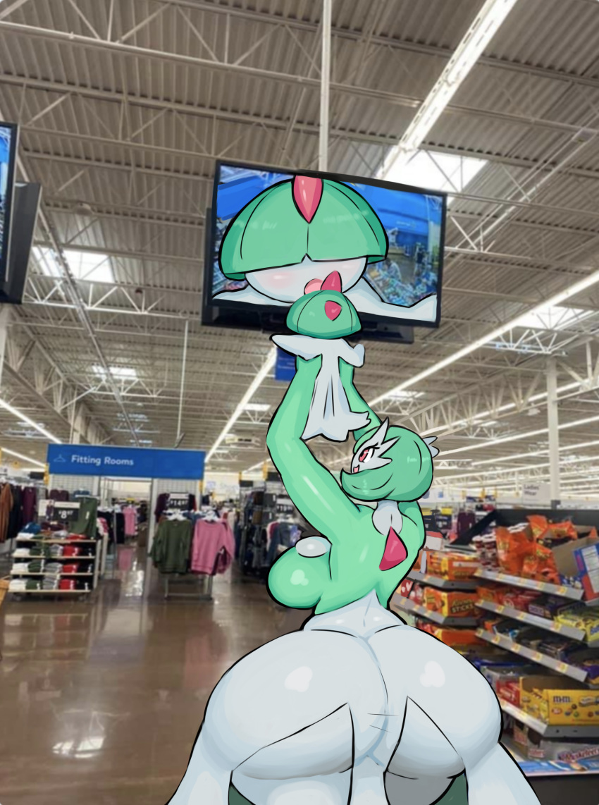 baby big_breasts big_butt blush breasts butt curvy_figure duo female gardevoir generation_3_pokemon green_body green_hair green_skin hair hi_res holding_person huge_breasts huge_butt humanoid hyper hyper_butt inside male mall meme nintendo photo_background photography_(artwork) pokemon pokemon_(species) ralts red_eyes sath15 thick_thighs voluptuous white_body white_skin wide_hips young