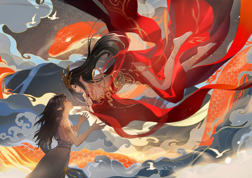 2girls armlet bare_shoulders bird black_hair cai_lin_(doupo_cangqiong) cloud doupo_cangqiong dress dual_persona falling floating from_side highres loliwushi long_hair looking_up mountain multiple_girls pointy_ears red_dress red_nails second-party_source snake white_dress