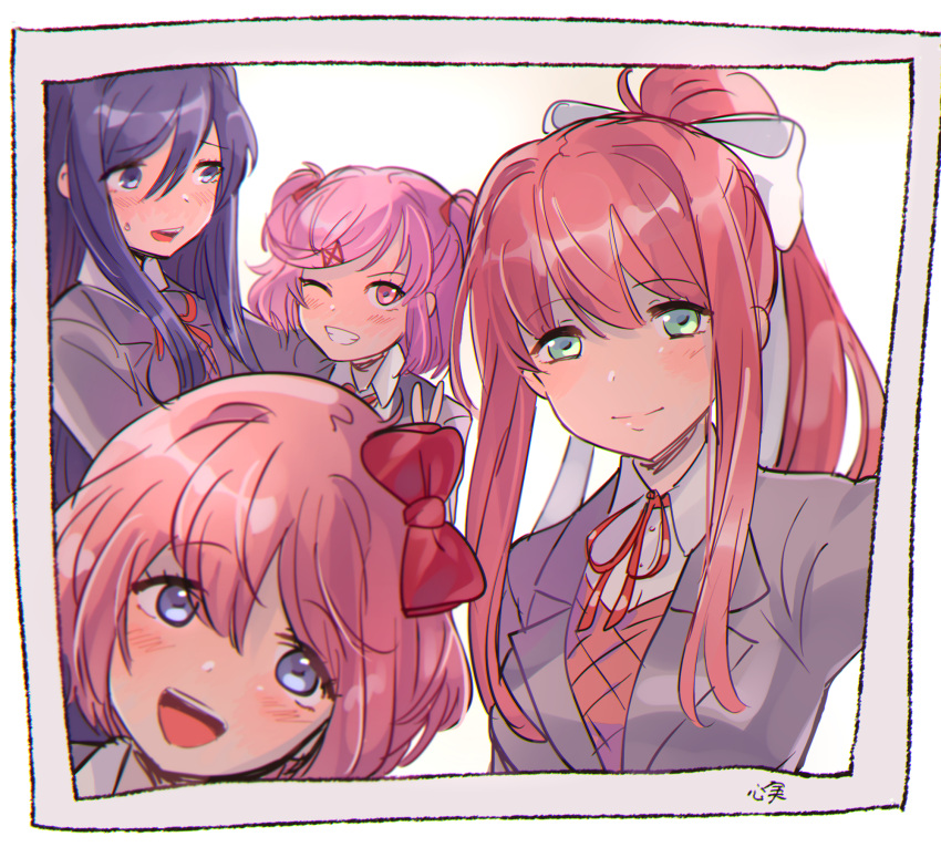 4girls :d arm_around_shoulder artist_name averting_eyes blazer blush border bow bowtie brown_hair brown_sweater_vest close-up closed_mouth commentary doki_doki_literature_club green_eyes grey_jacket grin hair_bow hair_ornament hair_ribbon hand_up head_tilt highres jacket kokomi_(aniesuakkaman) light_smile long_hair looking_ahead looking_at_viewer monika_(doki_doki_literature_club) multiple_girls natsuki_(doki_doki_literature_club) neck_ribbon one_eye_closed open_mouth photo_(object) pink_eyes pink_hair ponytail portrait purple_eyes purple_hair red_bow red_bowtie red_ribbon ribbon sayori_(doki_doki_literature_club) school_uniform selfie shirt short_hair sidelocks signature simple_background smile sweatdrop sweater_vest teeth two_side_up upper_teeth_only v very_long_hair white_background white_border white_bow white_ribbon white_shirt x_hair_ornament yuri_(doki_doki_literature_club)