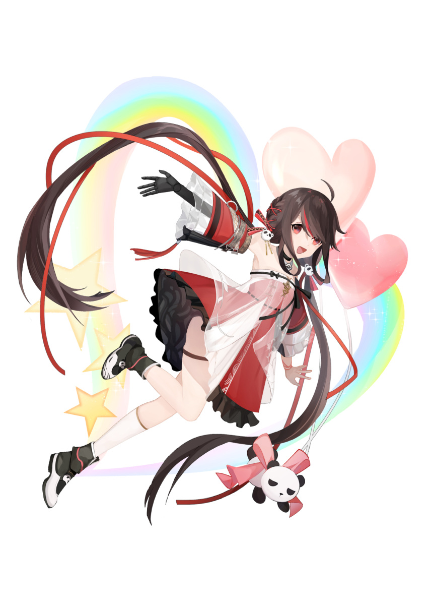 1girl ahoge black_hair china_dress chinese_clothes detached_sleeves dress frilled_dress frills hair_ornament heart highres long_hair multicolored_hair open_mouth panda_hair_ornament pulao_(punishing:_gray_raven) punishing:_gray_raven rainbow red_dress red_eyes red_hair slixin star_(symbol) streaked_hair stuffed_animal stuffed_panda stuffed_toy twintails very_long_hair