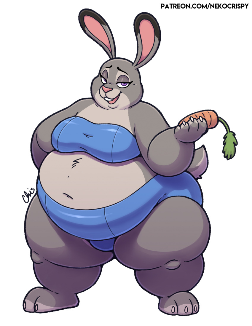 alpha_channel anthro bandeau belly big_belly buckteeth carrot chubby_cheeks clothing digital_media_(artwork) disney double_chin fat_arms fat_legs female food full-length_portrait hi_res high_waisted_bottomwear holding_carrot holding_food holding_object holding_vegetable judy_hopps lagomorph leporid lidded_eyes looking_at_viewer mammal midriff navel nekocrispy obese obese_anthro obese_female overweight overweight_anthro overweight_female pear-shaped_figure pink_nose plant portrait rabbit simple_background solo swimwear teeth thick_calves thick_thighs topwear transparent_background vegetable wide_hips zootopia