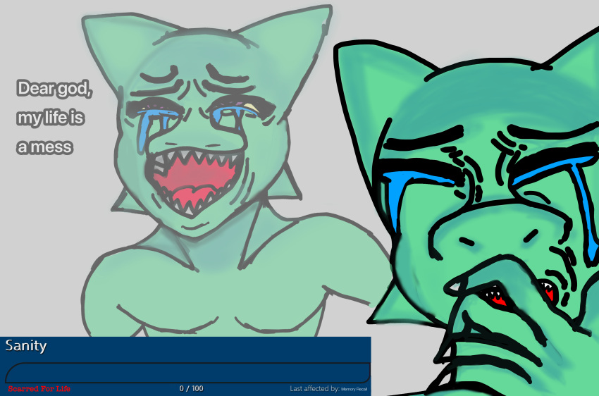 absurd_res anonymous_artist anthro bodily_fluids crying featureless_crotch green_body hi_res kobold kobold_adventure male moe_(kobold_adventure) nude open_mouth scalie solo status status_board status_effect tears teeth teeth_showing text