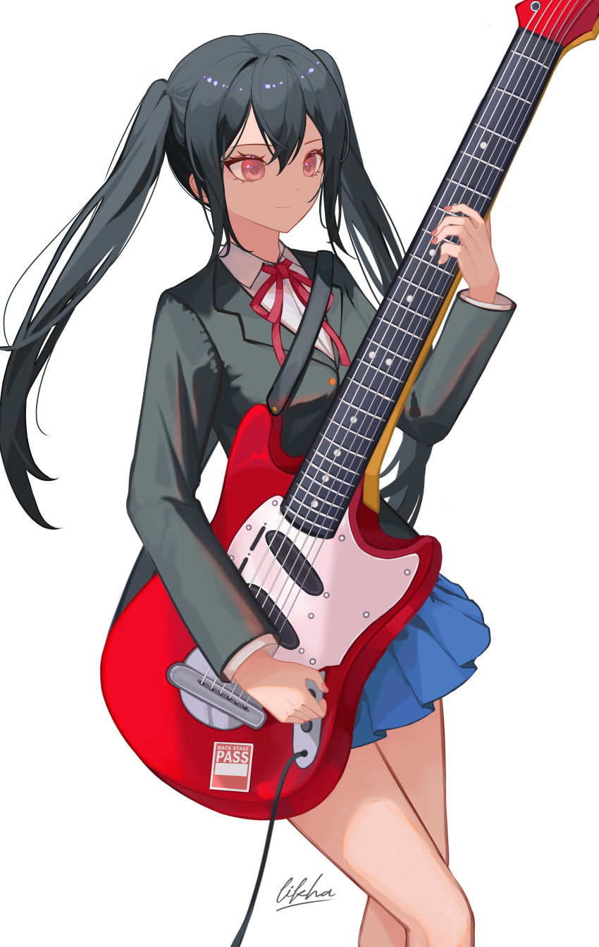 1girl absurdres bare_legs black_hair black_jacket blue_skirt closed_mouth collared_shirt dress_shirt electric_guitar floating_hair guitar hair_between_eyes highres holding holding_instrument instrument jacket k-on! li_kha long_hair long_sleeves miniskirt nail_polish nakano_azusa neck_ribbon orange_eyes pleated_skirt red_nails red_ribbon ribbon sakuragaoka_high_school_uniform school_uniform shirt simple_background skirt solo standing twintails white_background white_shirt wing_collar