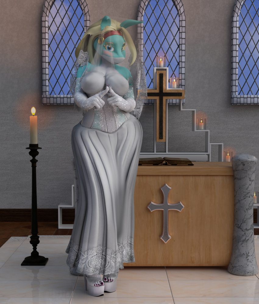 absurd_res animal_humanoid anthro bbdworks blonde_hair blush candle canid canid_humanoid canine canine_humanoid church clothing cross dress female fox fox_humanoid green_body green_skin hair hi_res humanoid ippan_josei mammal mammal_humanoid my_hero_academia shy solo wedding_dress wedding_veil