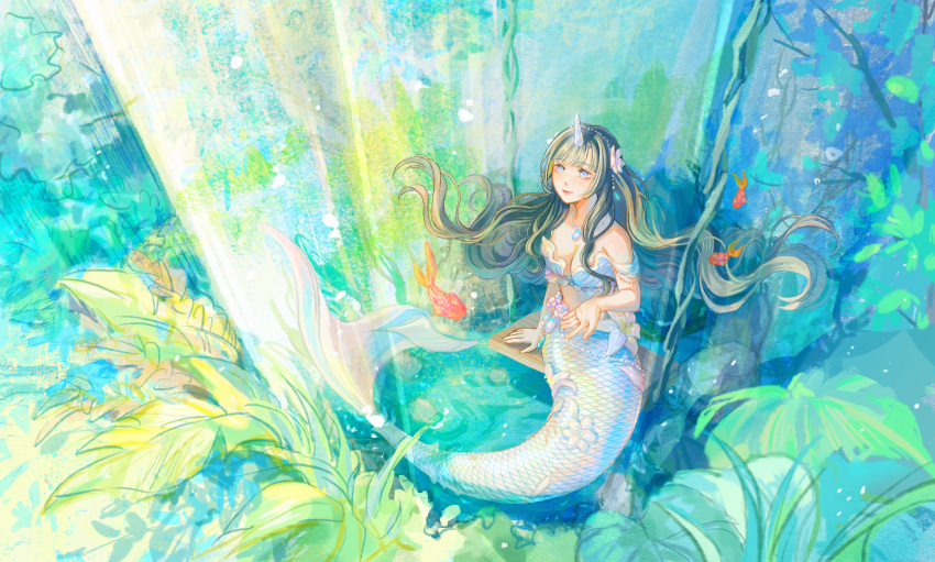 1girl absurdres black_hair blue_eyes blunt_bangs breasts cleavage fish flower goldfish hair_flower hair_ornament highres horns jewelry liliantsai0417 long_hair mermaid monster_girl necklace original scales single_horn sitting smile solo tail tail_flower tail_ornament water