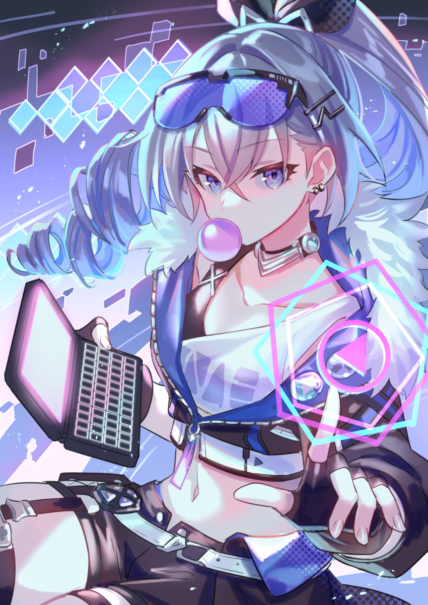1girl absurdres black_gloves black_jacket black_shorts breasts bubble_blowing chewing_gum collar collarbone commentary crop_top cropped_jacket crossed_bangs drill_ponytail eyewear_on_head fingerless_gloves fur-trimmed_jacket fur_trim gloves grey_eyes grey_hair hair_between_eyes highres holding holographic_interface honkai:_star_rail honkai_(series) index_finger_raised jacket long_hair looking_at_viewer midriff navel purple-tinted_eyewear shirt shorts silver_wolf_(honkai:_star_rail) single-shoulder_shirt single_drill sitting small_breasts solo suzaku_(zaku6584) thigh_strap tinted_eyewear white_shirt