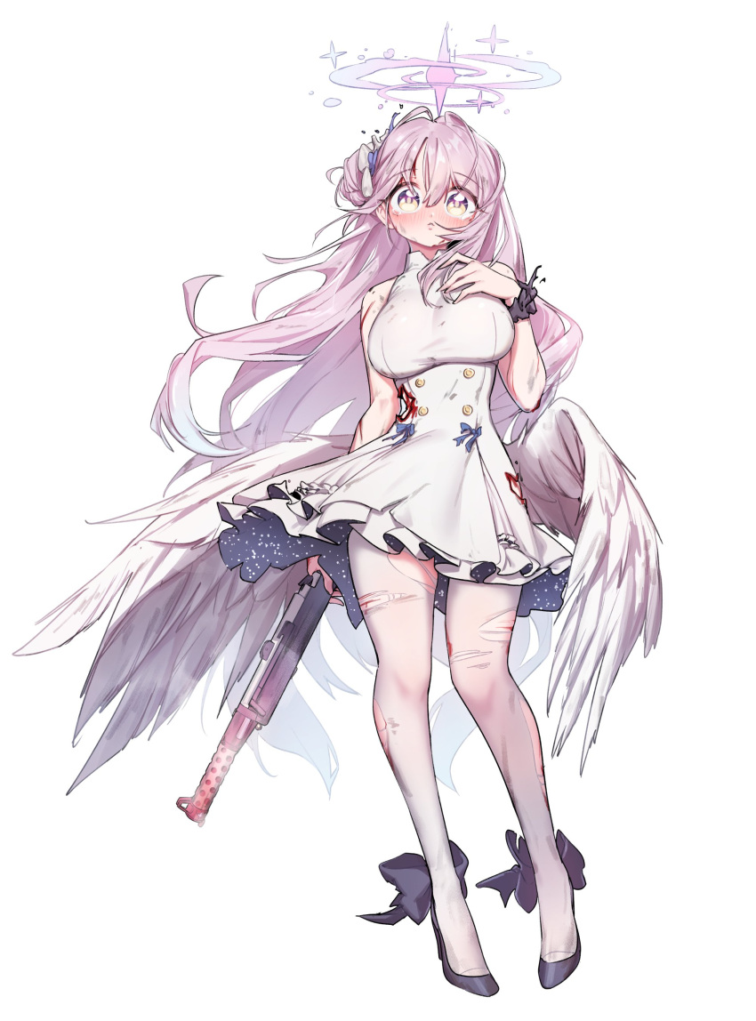 1girl absurdres angel_wings black_footwear blood blood_on_clothes blue_archive blush breasts dress feathered_wings frilled_dress frills full_body gun hair_between_eyes hair_bun halo high_heels highres holding holding_gun holding_weapon injury large_breasts long_hair mika_(blue_archive) pantyhose pink_hair pink_halo simple_background single_side_bun sleeveless sleeveless_dress solo torn_clothes torn_pantyhose weapon white_background white_dress white_pantyhose white_wings wings yabby yellow_eyes