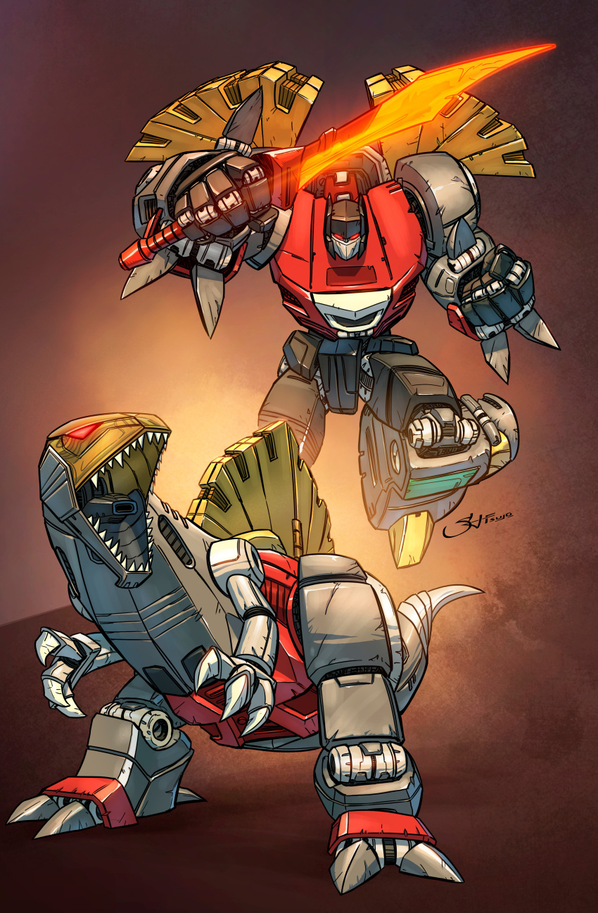 absurdres autobot claws dinosaur emblem energy_cannon energy_sword english_commentary fangs glowing highres jetstormsifuentes machinery mecha multiple_views muzzle no_humans official_style original red_eyes robot science_fiction scorn_(transformers) signature spinosaurus sword tongue transformers weapon when_you_see_it