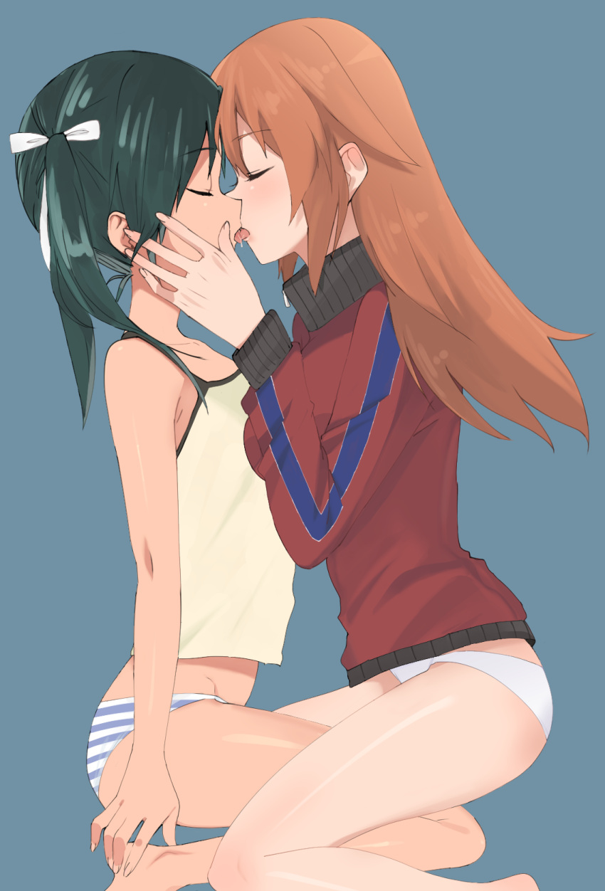 2girls blue_background blush breasts charlotte_e._yeager closed_eyes francesca_lucchini from_side green_hair hair_ribbon highres holding_another's_head kiss large_breasts long_hair multiple_girls orange_hair panties remoso ribbon saliva simple_background small_breasts striped striped_panties tongue tongue_out track_suit twintails underwear white_panties world_witches_series yuri