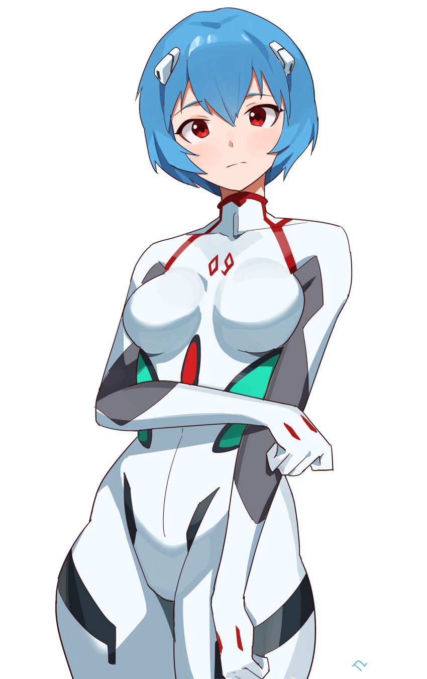1girl absurdres ayanami_rei blue_hair bodysuit breasts closed_mouth commentary cowboy_shot english_commentary hair_between_eyes highres interface_headset light_blush light_frown looking_at_viewer medium_breasts neon_genesis_evangelion pilot_suit plugsuit red_eyes short_hair simple_background skin_tight solo standing t-lex white_background white_bodysuit