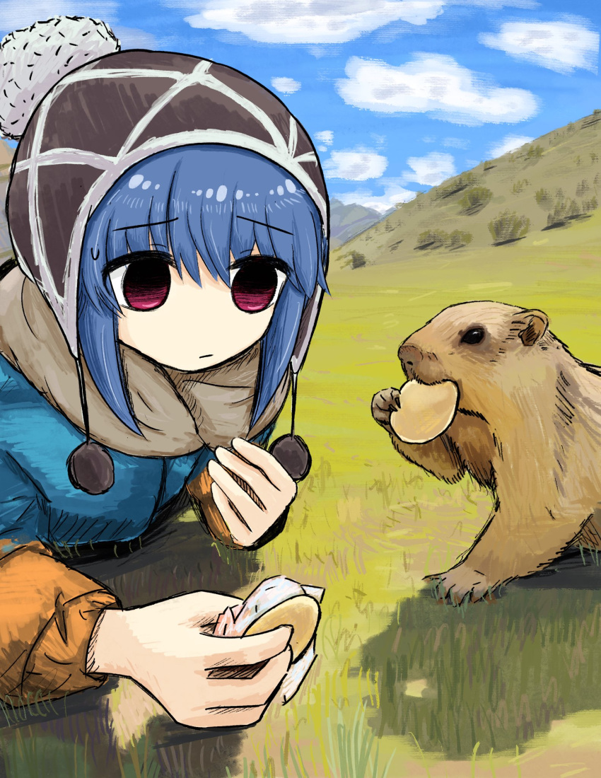 1girl animal beanie blue_hair blue_sky bubbacterial closed_mouth cloud day eating food grass hair_between_eyes hat highres holding holding_food long_sleeves lying on_stomach outdoors pom_pom_(clothes) red_eyes shima_rin sky sweat yurucamp