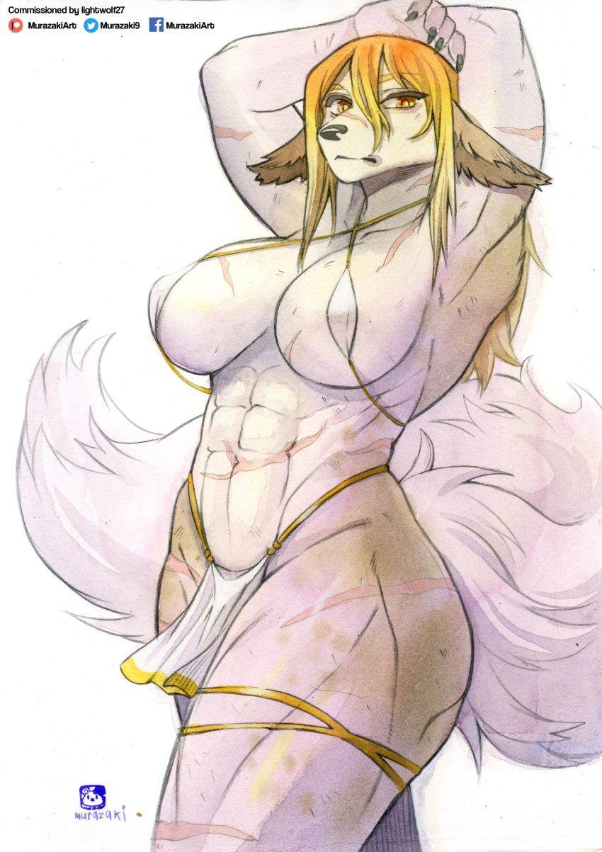 absurd_res anthro arms_above_head breasts female fur hi_res murazaki muscular muscular_female solo white_body white_fur