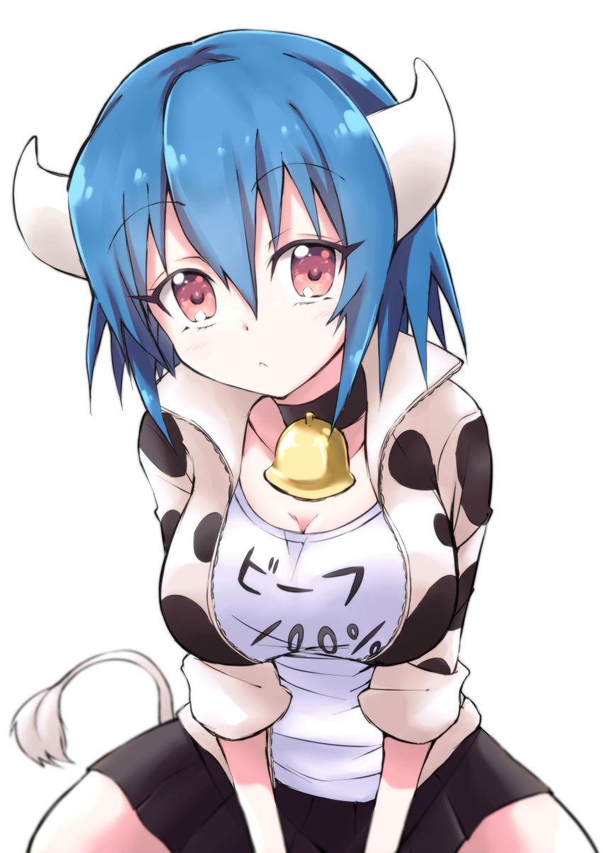 1girl absurdres animal_print bell black_skirt blue_hair blush breasts brown_eyes cleavage closed_mouth cow_girl cow_horns cow_print cow_tail cowbell highres horns jacket jashin-chan_dropkick large_breasts looking_at_viewer minos_(jashin-chan_dropkick) neck_bell print_jacket shirt short_hair simple_background skirt solo tail track_jacket white_background white_shirt yuuki_shushu