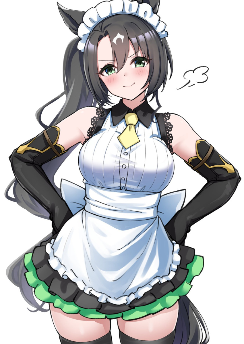 alternate_costume animal_ears apron black_hair blush breasts closed_mouth detached_sleeves enmaided green_eyes hair_between_eyes hair_ornament herohero_(higashi_no_dou) highres horse_ears horse_tail looking_at_viewer maid maid_headdress medium_breasts satono_crown_(umamusume) side_ponytail simple_background smile smug tail umamusume white_background