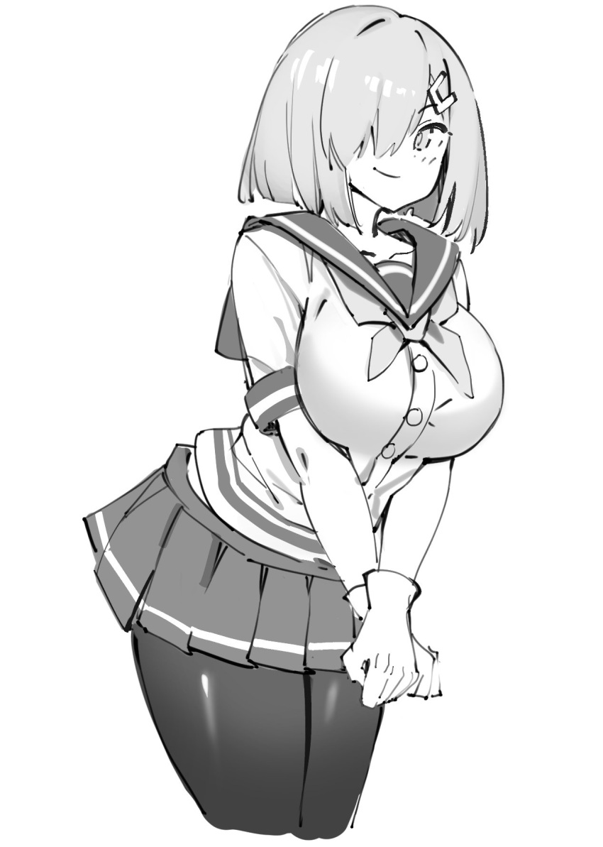 1girl blush breasts gloves greyscale hair_between_eyes hair_ornament hair_over_one_eye hairclip hamakaze_(kancolle) highres kantai_collection large_breasts looking_at_viewer monochrome neckerchief pantyhose pleated_skirt school_uniform serafuku short_hair short_sleeves simple_background simplecar sketch skirt smile solo