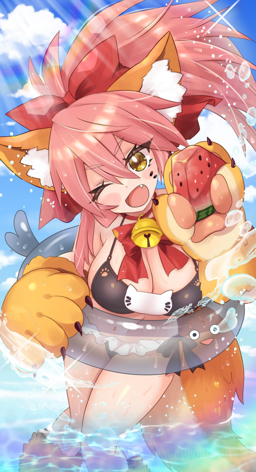 1girl absurdres animal_ear_fluff animal_ears animal_hands bell bikini black_bikini blue_sky blush blush_stickers bow breasts cat_paws cleavage cloud cloudy_sky collar ema_skye fang fate/grand_order fate_(series) food fox_ears fox_girl fox_tail fruit gloves highres jingle_bell katachi_yumiyuri large_breasts long_hair looking_at_viewer neck_bell one_eye_closed open_mouth outdoors partially_submerged paw_gloves paw_shoes pink_hair ponytail red_bow red_ribbon ribbon sky solo swimsuit tail tamamo_(fate) tamamo_cat_(fate) water watermelon yellow_eyes