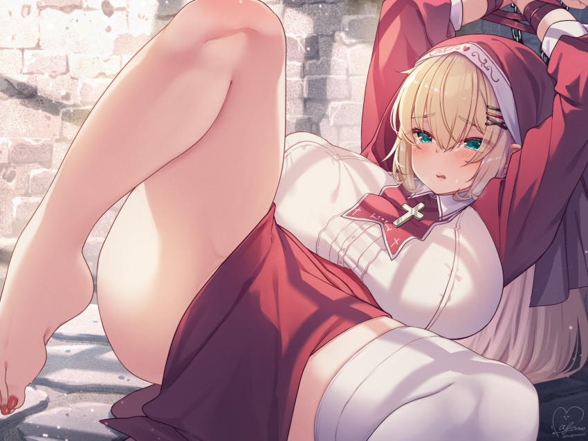 1girl akai_haato blonde_hair blush bound bound_wrists breasts commentary_request cross dress hair_ornament hairclip highres hololive large_breasts long_hair looking_at_viewer magowasabi nail_polish open_mouth pelvic_curtain red_dress red_nails signature single_bare_leg single_thighhigh solo spread_legs stone_floor stone_wall thighhighs thighs toenail_polish toenails toes veil virtual_youtuber wall white_dress x_hair_ornament