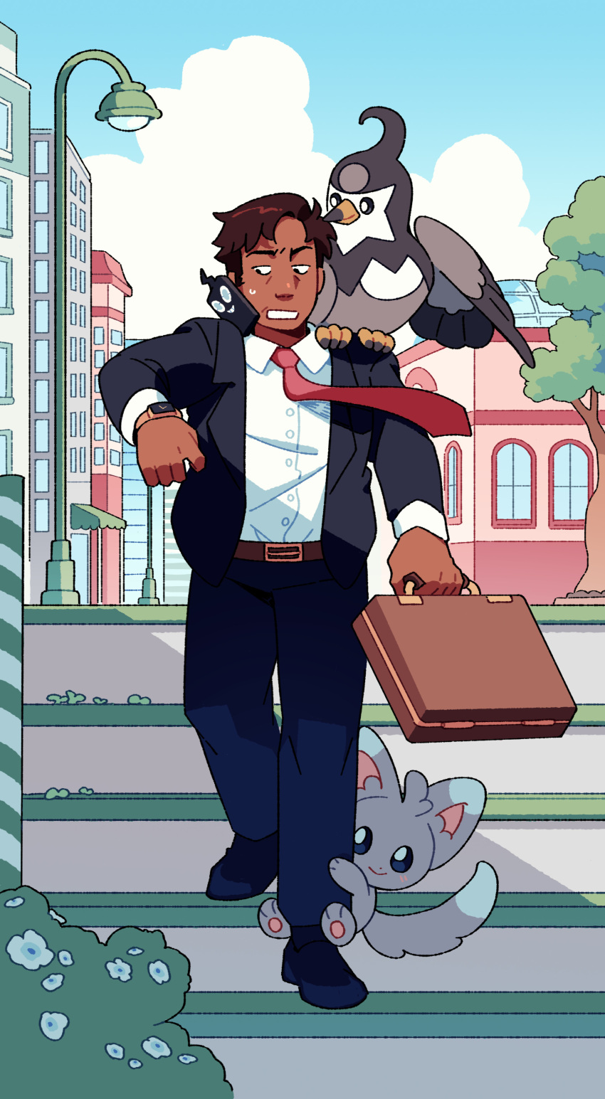 1boy absurdres animal_on_shoulder belt bird bird_on_shoulder black_jacket blue_pants brown_hair building cloud collared_shirt commission dark-skinned_male dark_skin day full_body highres holding holding_suitcase jacket lamppost long_sleeves magicact male_focus minccino necktie outdoors pants phone pokemon pokemon_(creature) red_necktie rotom rotom_phone shirt shoes short_hair stairs staravia suit_jacket suitcase walking white_shirt