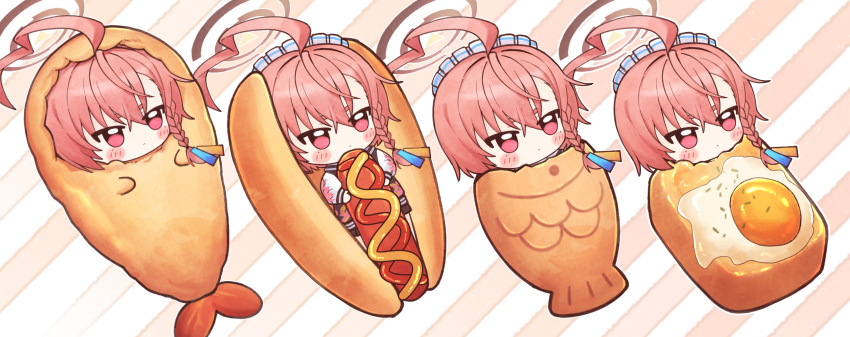 1girl absurdres ahoge blue_archive blush braid closed_mouth food fried_egg hair_between_eyes highres hot_dog huge_ahoge hwaen jacket korean_commentary long_hair long_sleeves maid_headdress mole mole_under_eye multiple_views neru_(blue_archive) pleated_skirt red_eyes red_hair sausage single_braid skirt striped striped_background sukajan vertical_stripes