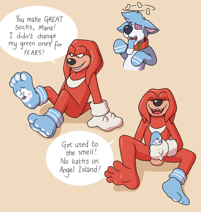 anthro balls blueballs clothing clothing_transformation dialogue duo footwear genitals hi_res knuckles_the_echidna male male/male masturbation penis sega sock_on_penis sock_transformation socks sonic_the_hedgehog_(series) speech_bubble transformation